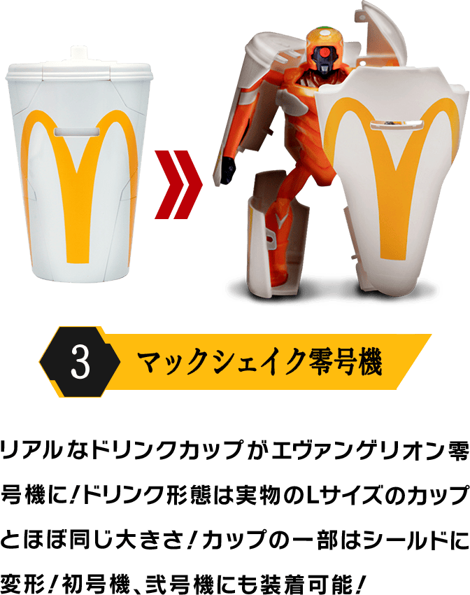 3 マックシェイク零号機 リアルなドリンクカップがエヴァンゲリオン零号機に！ドリンク形態は実物のLサイズのカップとほぼ同じ大きさ！カップの一部はシールドに変形！初号機、弐号機にも装着可能！