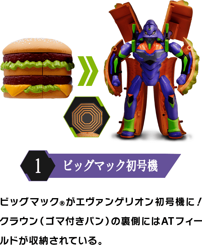 1 ビッグマック初号機 ビッグマック®がエヴァンゲリオン初号機に！クラウン（ゴマ付きパン）の裏側にはATフィールドが収納されている。